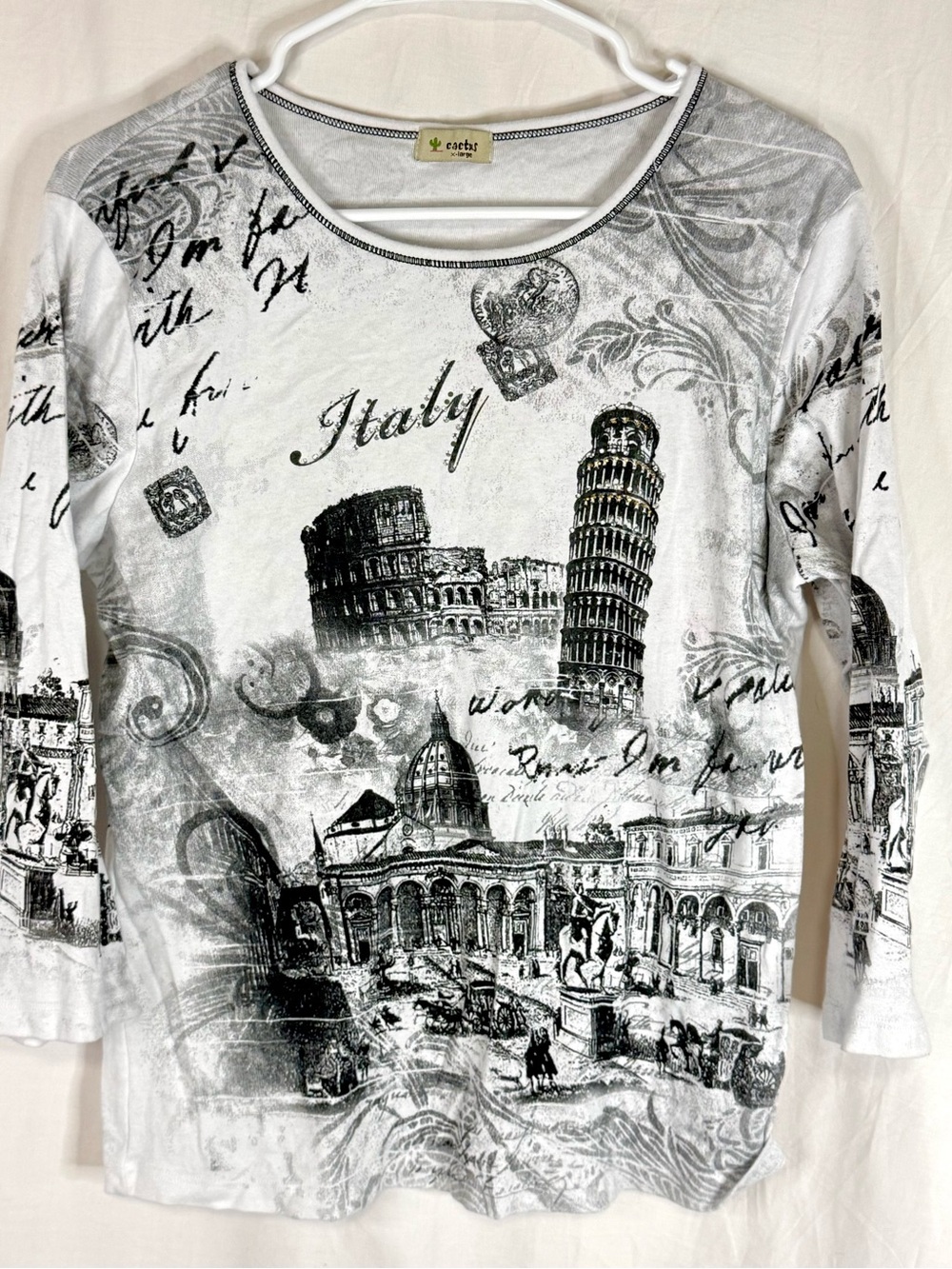 Cactus Woman’s Italy Graphic Mid Sleeve Tee in White and Black — Size ExtraLarge